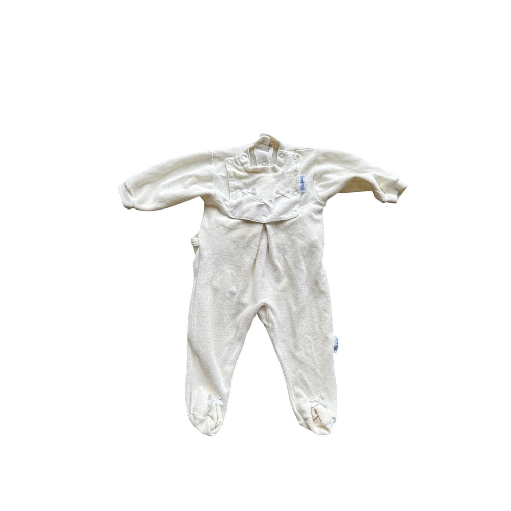 Patachou‎ White Terry Cloth Footed Sleeper Bib Front Bows Infant Baby